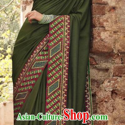 Asian India National Saree Costumes Asia Indian Bride Traditional Blouse and Embroidered Olive Green Silk Sari Dress for Women
