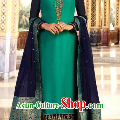 Asian India National Court Punjab Costumes Asia Indian Traditional Embroidered Turquoise Satin Blouse Sari and Loose Pants for Women