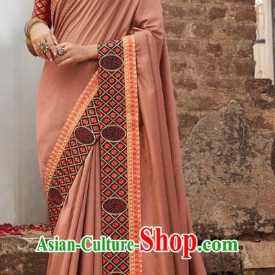 Asian India National Saree Costumes Asia Indian Bride Traditional Blouse and Embroidered Peach Pink Silk Sari Dress for Women