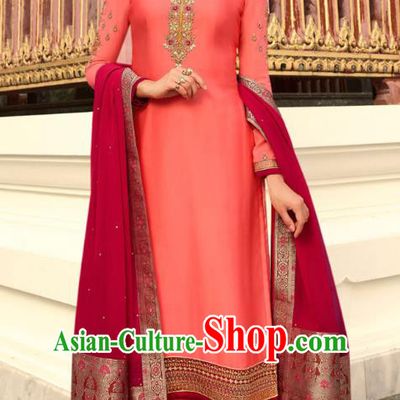 Asian India National Court Punjab Costumes Asia Indian Traditional Embroidered Peach Pink Satin Blouse Sari and Loose Pants for Women