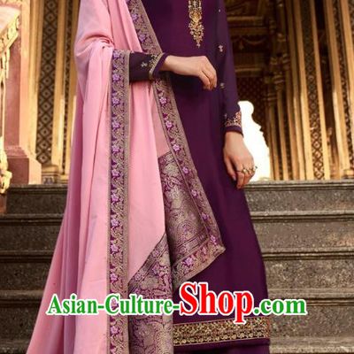 Asian India National Court Punjab Costumes Asia Indian Traditional Embroidered Deep Purple Satin Blouse Sari and Loose Pants for Women