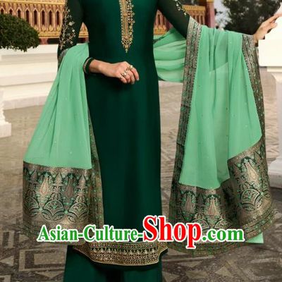 Asian India National Court Punjab Costumes Asia Indian Traditional Embroidered Deep Green Satin Blouse Sari and Loose Pants for Women
