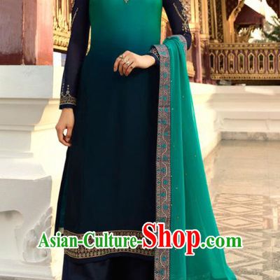 Asian India National Court Punjab Costumes Asia Indian Traditional Embroidered Peacock Blue Satin Blouse Sari and Loose Pants for Women