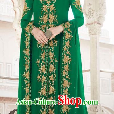 Asian India National Dance Punjab Costumes Asia Indian Traditional Embroidered Green Faux Georgette Dress and Loose Pants Sari for Women