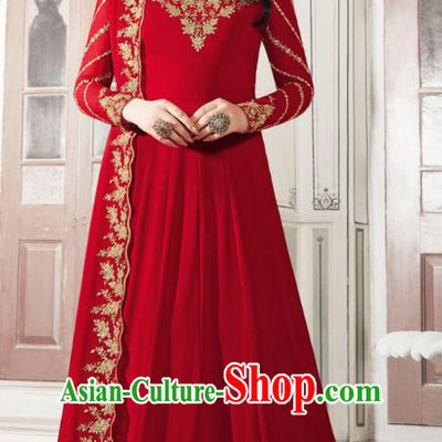Asian India National Dance Punjab Costumes Asia Indian Traditional Embroidered Red Faux Georgette Dress and Loose Pants Sari for Women