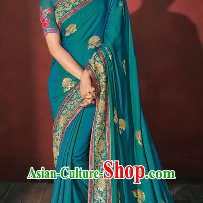 Asian India National Dance Lake Blue Silk Saree Asia Indian Traditional Costumes Court Princess Bollywood Blouse and Sari Dress for Women