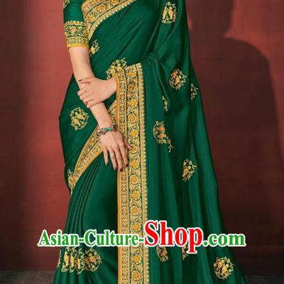Asian India National Dance Green Silk Saree Asia Indian Traditional Costumes Court Princess Bollywood Blouse and Sari Dress for Women