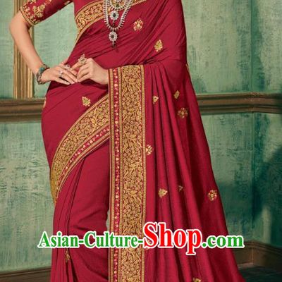 Asian India Bollywood National Dance Maroon Silk Saree Asia Indian Traditional Court Princess Blouse and Sari Dress Costumes for Women