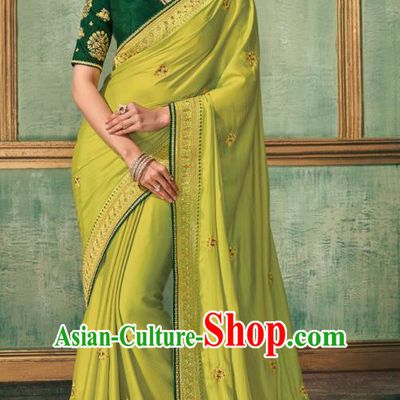 Asian India Bollywood National Dance Light Green Silk Saree Asia Indian Traditional Court Princess Blouse and Sari Dress Costumes for Women