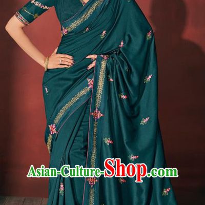Asian India Bollywood National Dance Teal Silk Saree Asia Indian Traditional Court Princess Blouse and Sari Dress Costumes for Women