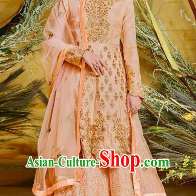 Asian India National Bollywood Punjab Costumes Asia Indian Traditional Dance Embroidered Peach Pink Crepe Blouse and Skirt Sari Full Set