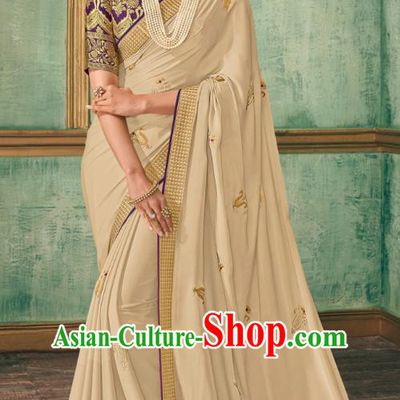 Asian India Bollywood National Dance Beige Silk Saree Asia Indian Traditional Court Princess Blouse and Sari Dress Costumes for Women