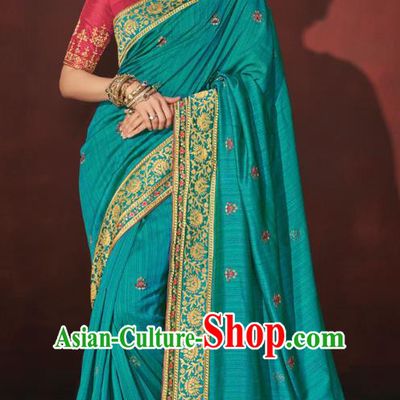 Asian India Bollywood National Dance Aqua Blue Silk Saree Asia Indian Traditional Court Princess Blouse and Sari Dress Costumes for Women