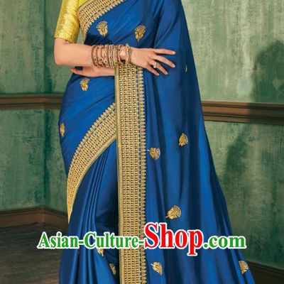 Asian India Bollywood National Dance Deep Blue Silk Saree Asia Indian Traditional Court Princess Blouse and Sari Dress Costumes for Women