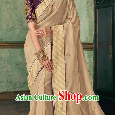 Asian India Bollywood National Dance Apricot Silk Saree Asia Indian Traditional Court Princess Blouse and Sari Dress Costumes for Women