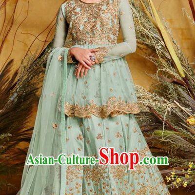 Asian India National Bollywood Punjab Costumes Asia Indian Traditional Dance Embroidered Light Green Crepe Blouse and Skirt Sari Full Set
