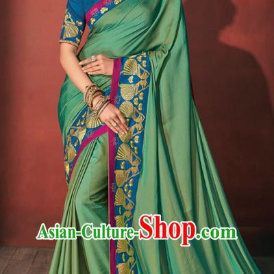 Asian India Bollywood National Dance Green Silk Saree Asia Indian Traditional Court Princess Blouse and Sari Dress Costumes for Women