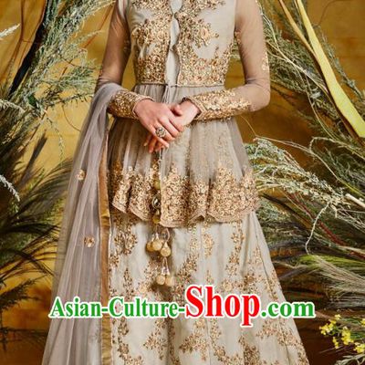 Asian India National Bollywood Punjab Costumes Asia Indian Traditional Dance Embroidered Light Grey Crepe Blouse and Skirt Sari Full Set