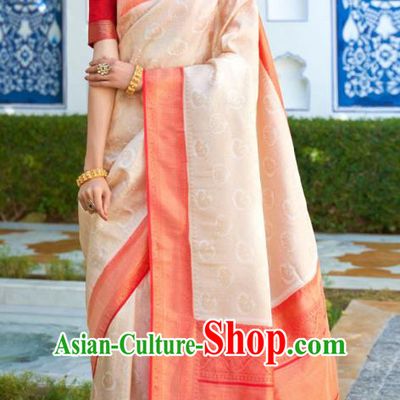 Asian India Bollywood Apricot Silk Saree Asia Indian Traditional Court Princess Blouse and Sari Dress National Dance Costumes for Women