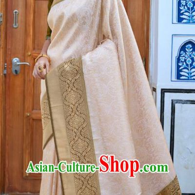 Asian India Bollywood Beige Silk Saree Asia Indian Traditional Court Princess Blouse and Sari Dress National Dance Costumes for Women