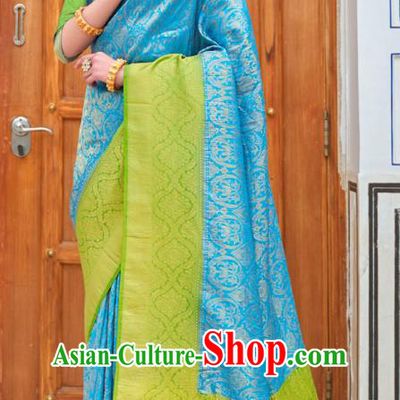 Asian India Bollywood Blue Silk Saree Asia Indian Traditional Court Princess Blouse and Sari Dress National Dance Costumes for Women
