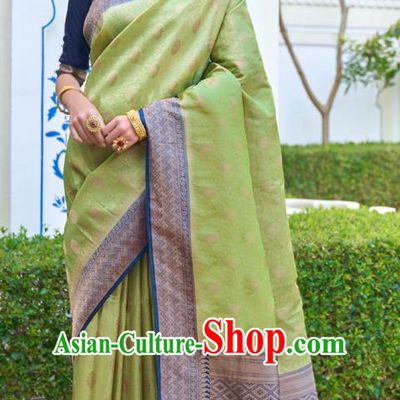 Asian India Bollywood Light Green Silk Saree Asia Indian Traditional Court Princess Blouse and Sari Dress National Dance Costumes for Women