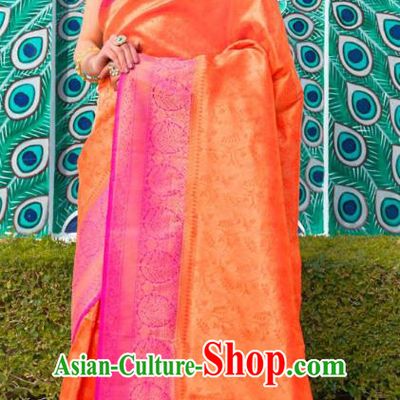 Asian India Bollywood Orange Silk Saree Asia Indian Traditional Court Princess Blouse and Sari Dress National Dance Costumes for Women