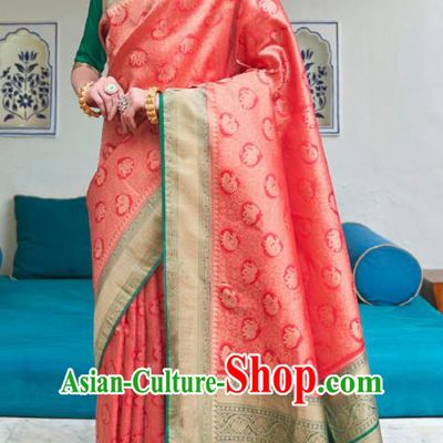 Asian India Bollywood Peach Pink Silk Saree Asia Indian Traditional Court Princess Blouse and Sari Dress National Dance Costumes for Women