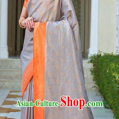 Asian India Bollywood Gray Silk Saree Asia Indian Traditional Court Princess Blouse and Sari Dress National Dance Costumes for Women