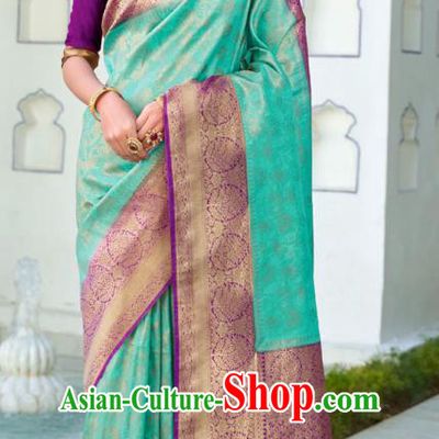 Asian India Bollywood Sea Green Silk Saree Asia Indian Traditional Court Princess Blouse and Sari Dress National Dance Costumes for Women