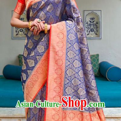 Asian India Bollywood Royalblue Silk Saree Asia Indian Traditional Court Princess Blouse and Sari Dress National Dance Costumes for Women