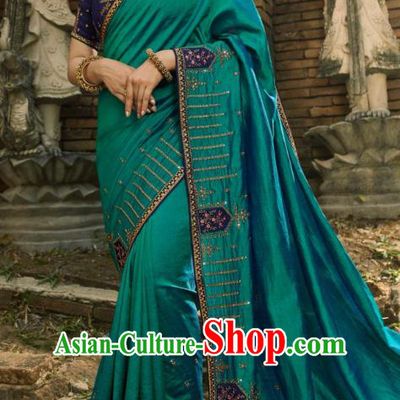 Asian India National Wedding Teal Green Silk Saree Costumes Asia Indian Bride Traditional Blouse and Embroidered Sari Dress for Women
