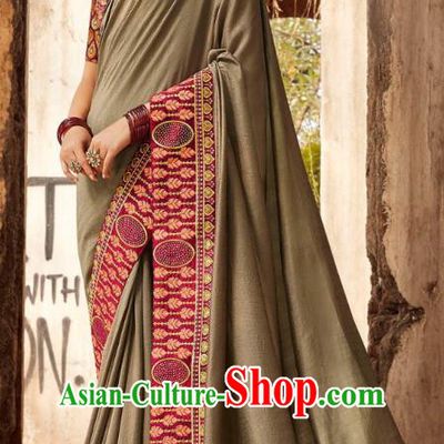 Asian India National Saree Costumes Asia Indian Bride Traditional Blouse and Embroidered Khaki Silk Sari Dress for Women