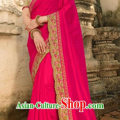 Asian India National Wedding Rosy Silk Saree Costumes Asia Indian Bride Traditional Blouse and Embroidered Sari Dress for Women