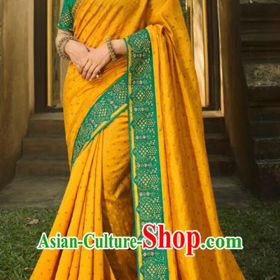 Asian India National Wedding Yellow Silk Saree Costumes Asia Indian Bride Traditional Blouse and Embroidered Sari Dress for Women