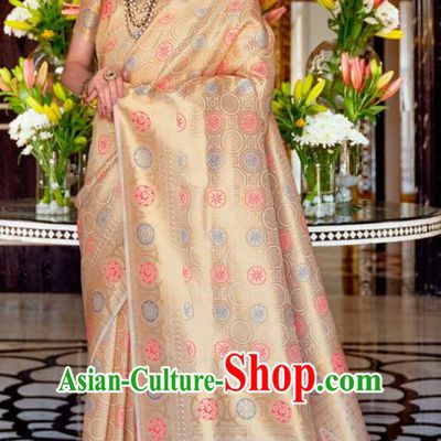 Asian India Festival Bollywood Beige Silk Saree Asia Indian National Dance Costumes Traditional Court Princess Blouse and Sari Dress for Women