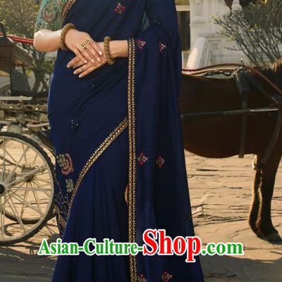 Asian India National Wedding Navy Silk Saree Costumes Asia Indian Bride Traditional Blouse and Embroidered Sari Dress for Women