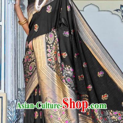 Asian India Festival Bollywood Black Silk Saree Asia Indian National Dance Costumes Traditional Court Princess Blouse and Sari Dress for Women