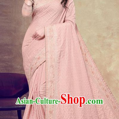 Asian India Festival Bollywood Pink Georgette Saree Dress Asia Indian National Dance Costumes Traditional Court Princess Blouse and Sari Full Set