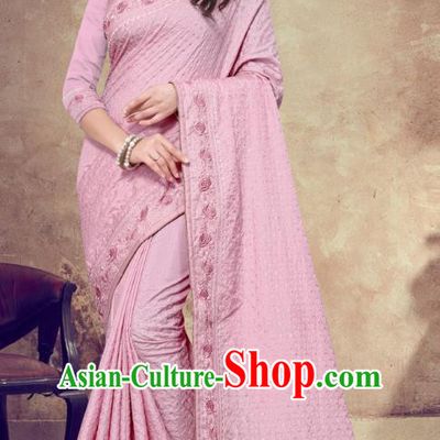 Asian India Festival Bollywood Peach Pink Georgette Saree Dress Asia Indian National Dance Costumes Traditional Court Princess Blouse and Sari Full Set