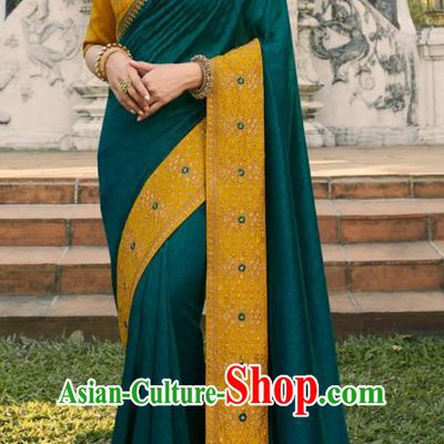 Asian India National Wedding Teal Silk Saree Costumes Asia Indian Bride Traditional Blouse and Embroidered Sari Dress for Women