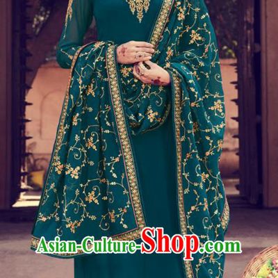 Asian India Traditional Punjab Suits Costumes Asia Indian National Embroidered Teal Georgette Long Blouse and Loose Pants Shawl Complete Set