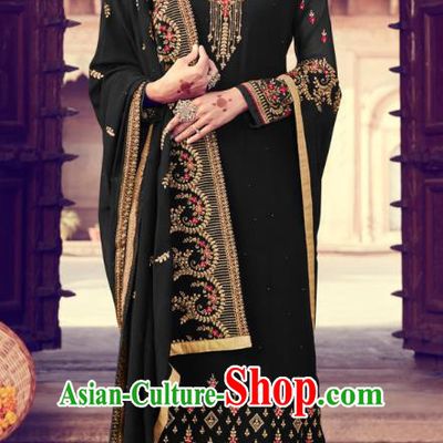 Asian India Traditional Punjab Suits Costumes Asia Indian National Embroidered Black Georgette Long Blouse and Loose Pants Shawl Complete Set
