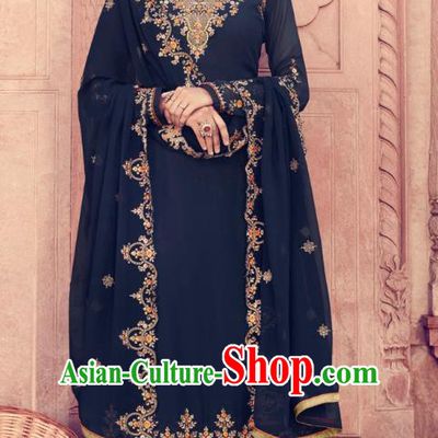 Asian India Traditional Punjab Suits Costumes Asia Indian National Embroidered Navy Georgette Long Blouse and Loose Pants Shawl Complete Set