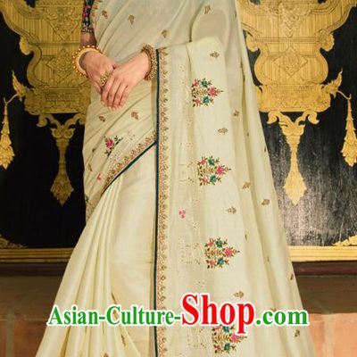 Asian India National Wedding Cream Silk Saree Costumes Asia Indian Bride Traditional Blouse and Embroidered Sari Dress for Women
