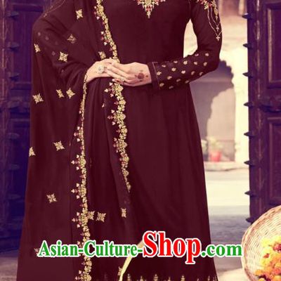Asian India Traditional Punjab Suits Costumes Asia Indian National Embroidered Maroon Georgette Long Blouse and Loose Pants Shawl Complete Set