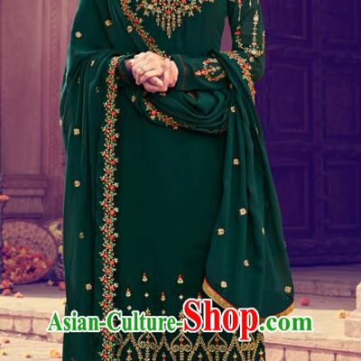 Asian India Traditional Punjab Suits Costumes Asia Indian National Embroidered Deep Green Georgette Long Blouse and Loose Pants Shawl Complete Set