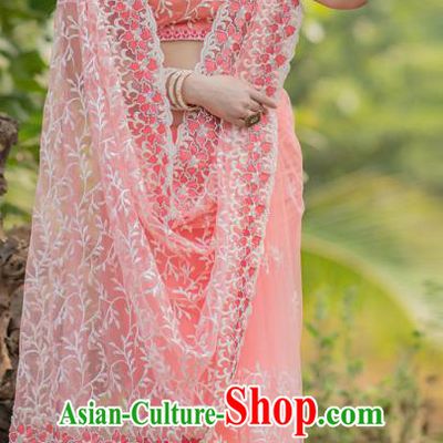 Asian India Court Lehenga Costumes Asia Indian Traditional Festival Embroidered Pink Blouse and Skirt and Sari Full Set