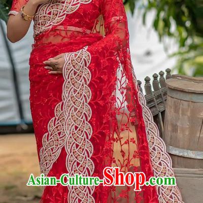 Asian India Court Lehenga Costumes Asia Indian Traditional Festival Embroidered Red Blouse and Skirt and Sari Full Set