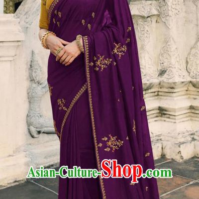 Asian India National Wedding Purple Silk Saree Costumes Asia Indian Bride Traditional Blouse and Embroidered Sari Dress for Women